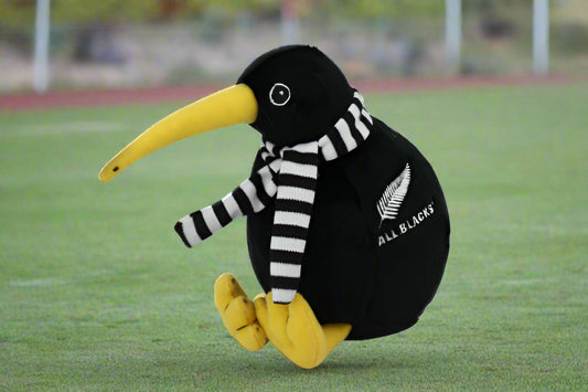 Keep your little ones amused with the All Blacks Beanie Kiwi Haka. A plush soft toy with a black and white striped scarf, embroidered eyes and when you squeeze his tummy plays a haka. NOTE: Batteries are not replaceable. This is an All Blacks Licensed Product