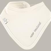 A cute little baby bib in a double layer of cotton with dome fastening for two sizes. The bib is plain with New Zealand embroided on left edge in grey.