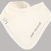 Cute little bibs in a double layer of cotton with dome fastening for two sizes. One bib is plain with New Zealand embroided on left edge and the other has sketch style native NZ flora and a Kiwi over it.