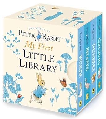My First Learning Library contains four hard wearing, chunky board books that introduce the young children to early concepts. Words, Numbers, Shapes and Colours. The colours are soft and illustrations are in the classic Potter style. Each double page contains a single illustration and just one simple word.
A perfect introduction for very young children to the wonderful world of Beatrix Potter.