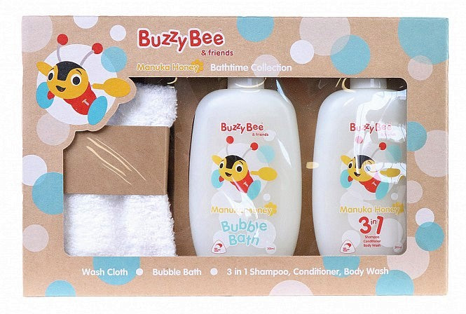 The perfect Kiwiana gift for little ones and expectant parents, this set includes a NZ made bubble bath and 3 in 1 with a bonus Buzzy Bee face cloth. Toiletries made in New Zealand. Gorgeous subtle honey, floral fragrance. Soap free. Manuka Honey extract. 300ml size bottles. 100% Cotton face cloth. Beautifully packaged.