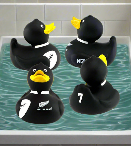 Add a bit of rugby fun to your baby or toddler's bathtime with an All Blacks Floating Bath Duck. The bath ducks are vinyl and have printed on them a rugby ball under one wing, a shirt collar and the All Blacks logo on their chest. Also, printed on the tail feathers is a player's number which differs for each duck! This is an All Blacks Official Licensed Product.
