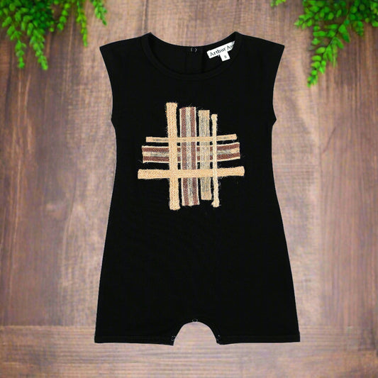 This extremely stylish onesie is from the Byron Bay Collection by Arthur Ave. In a solid black, the front features a striking mix of textured twines crossing each other in neutral shades. Domes at the back neck and bottom seam make for easy dressing.   MATERIALS  100% Cotton  Care Instructions  Please read garment labels.