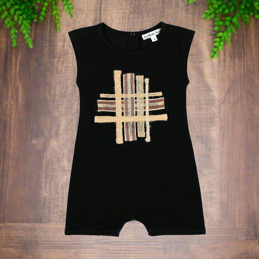 This extremely stylish onesie is from the Byron Bay Collection by Arthur Ave. In a solid black, the front features a striking mix of textured twines crossing each other in neutral shades. Domes at the back neck and bottom seam make for easy dressing. MATERIALS 100% Cotton Care Instructions Please read garment labels.