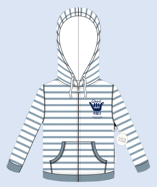A hoodie for cool kids, featuring the Good Vibes Shaka embroidery on the front chest. This style is made in our white and ocean blue yarn dyed stripe French terry, with a plain colour rib trim. The hood has a drawcord tape. Location customised to Dunedin New Zealand.
MATERIALS
100% Cotton