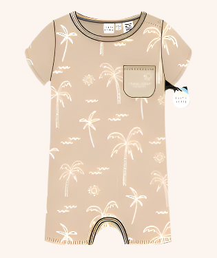 This summer essential playsuit is part of Earth Nymph's Baby Organic Collection, featuring the Palm Scenic Yardage Print, designed in house and exclusive to Earth Nymph. Front chest has a pocket with printed customised name drop. The fit is our classic, comfy short sleeve playsuit, made from soft 100% organic cotton. Location on pocket is customised to Dunedin New Zealand.
MATERIALS
95% Organic Cotton 5% Spandex