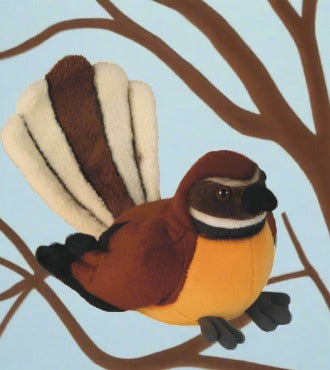 This beautiful 15cm plush Fantail toy is part of a collection designed & distributed by Antics of NZ. Featuring Native Birds, Reptiles & Marine Mammals of New Zealand with their authentic recorded sound to hear at the push of a button! Age 3+   Piwakawaka are a small, native bird affectionately known for fliting from branch to branch, alongside trampers in the NZ's bush. Using their fanned tails, they can change direction really quickly while catching insects and eating. They rarely feed on the ground.