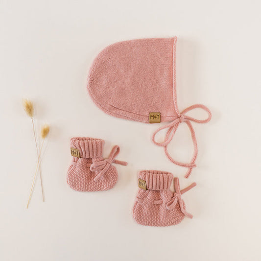 Merino Baby Bonnet & Booties Set - Rose Pink