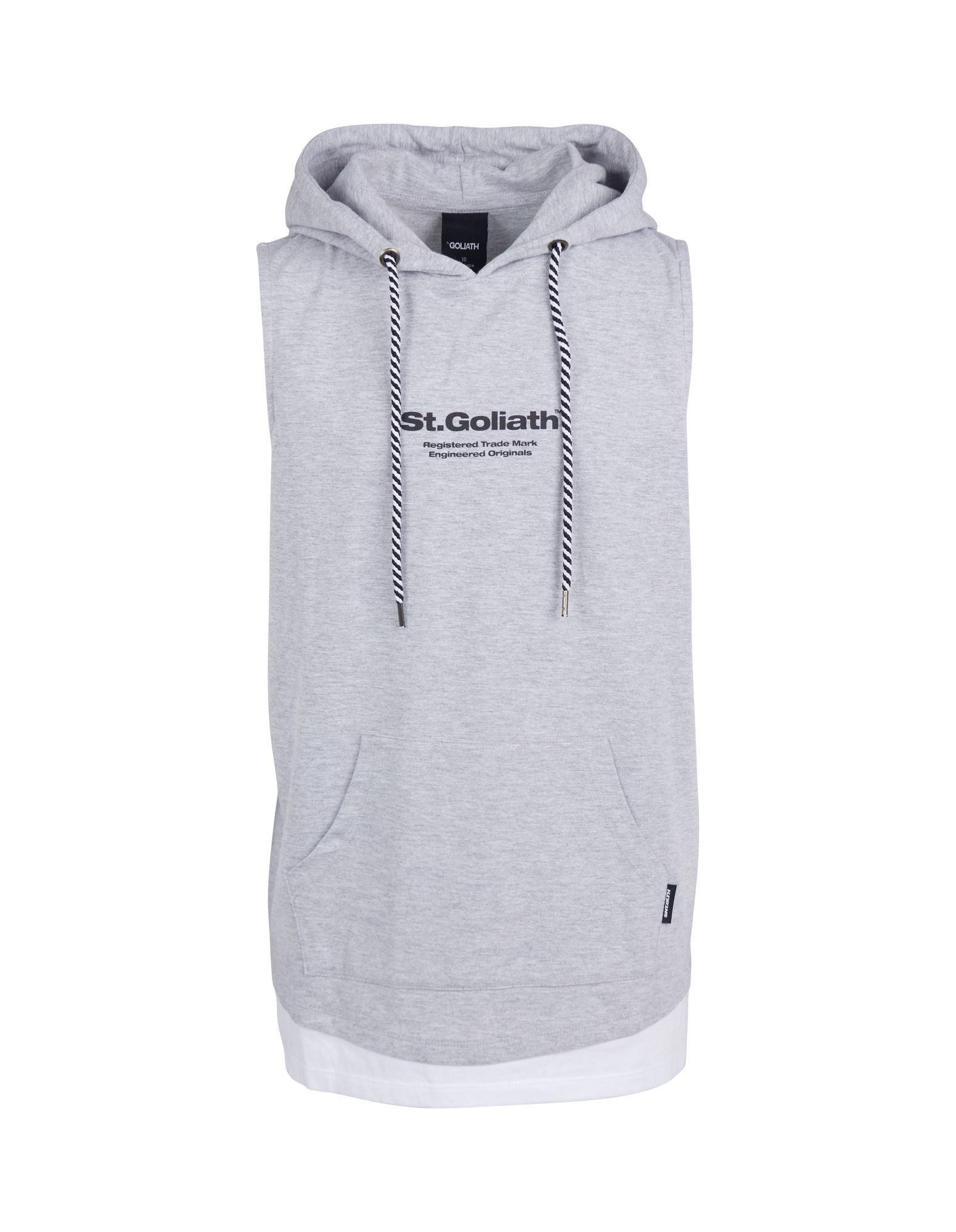 Standard Tank top fit with St Goliath logo print on the front and brand print on the back of the garment. This Sleeveless Hoody also offers a self-fabric hood with contrast draw cord. The hem is turned up and finished with twin needle stitching with a white band hem. Branded labeling on the hood and side seam. A Kangaroo Pocket completes this cool summer garment. Sizes 3-7.