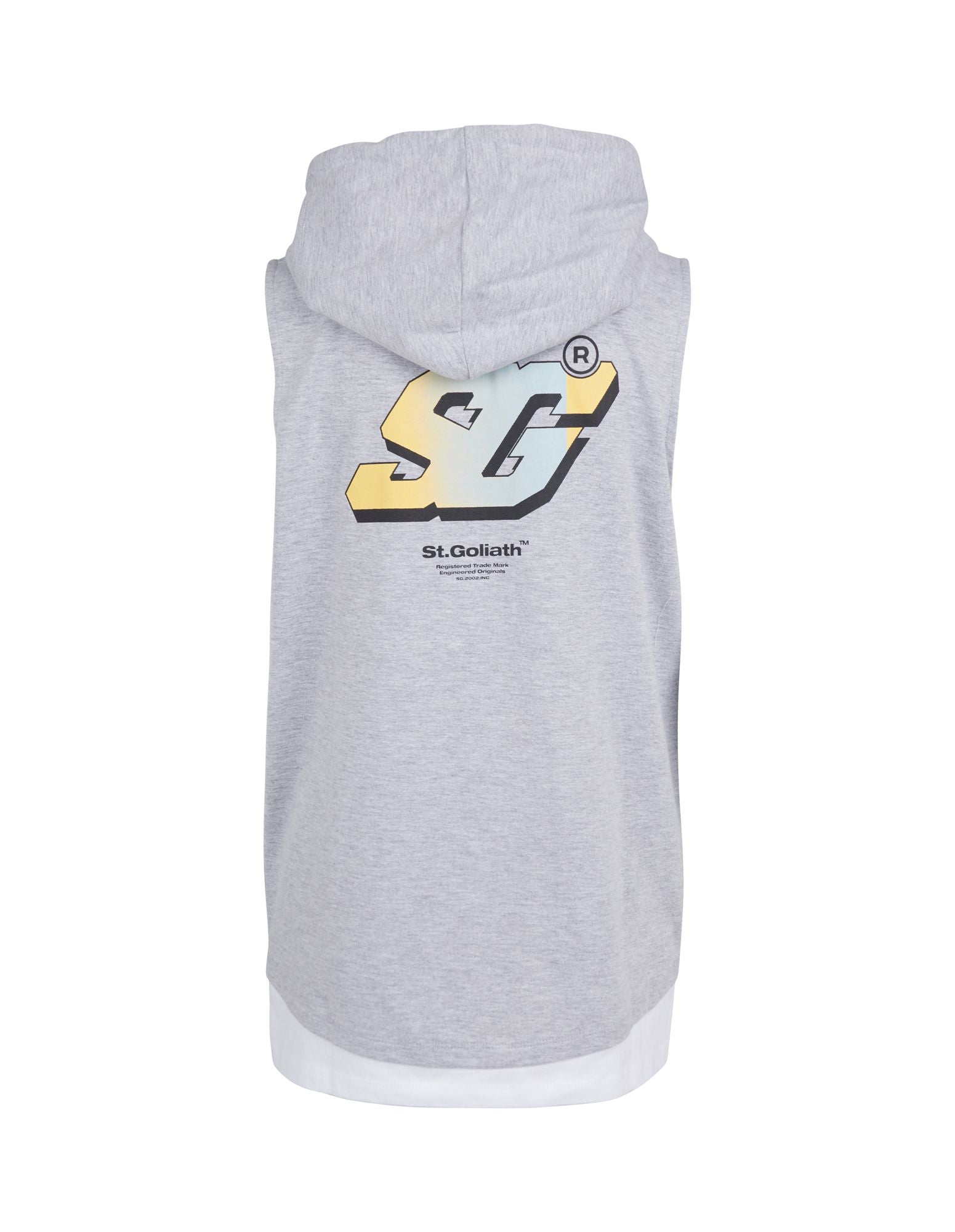 Standard Tank top fit with St Goliath logo print on the front and brand print on the back of the garment. This Sleeveless Hoody also offers a self-fabric hood with contrast draw cord. The hem is turned up and finished with twin needle stitching with a white band hem. Branded labeling on the hood and side seam. A Kangaroo Pocket completes this cool summer garment. Sizes 3-7.
