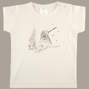 A delicate sketch in grey of a Kiwi and ferns on a cream cotton tee. Domes on the left shoulder makes for easier dressing your little one.
