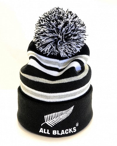 Kids Stripe Pom Pom Beanie - Black, White & Grey Stripes