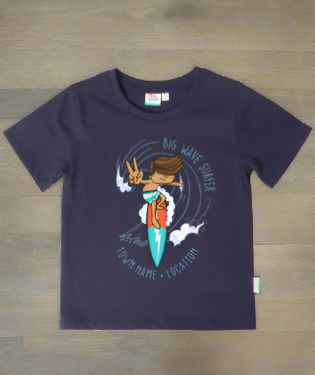 A stylish and cool t shirt for boys that loves surfing, featuring a surfer riding a big wave print. Breathable cotton its comfortable to wear and a fun vacation memento.