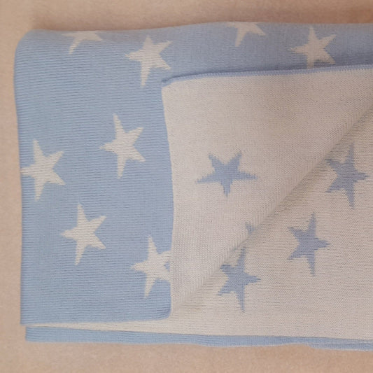 Cute little reversible star patterned blankets knitted in contrasting colours knitted by Country Laine. Proudly made in NZ.