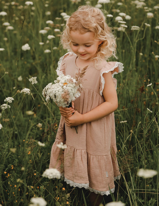 Tia Muslin and Cotton Lace Dress - Mushroom