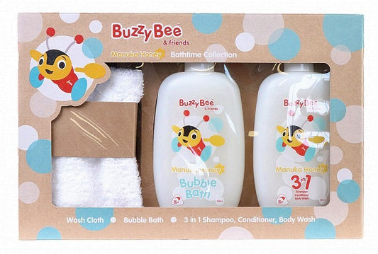 The perfect Kiwiana gift for little ones and expectant parents, this set includes a NZ made bubble bath and 3 in 1 with a bonus Buzzy Bee face cloth. Toiletries made in New Zealand. Gorgeous subtle honey, floral fragrance. Soap free. Manuka Honey extract. 300ml size bottles. 100% Cotton face cloth. Beautifully packaged.
