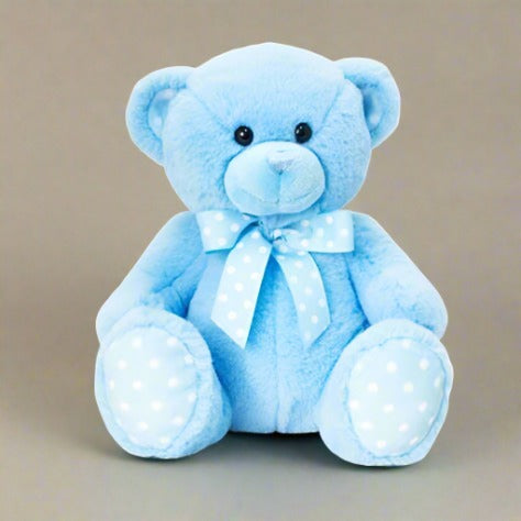 This super soft blue teddy bear makes a great gift for newborn babies. Designed by Keel Toys using the finest materials, this teddy bear conforms to European safety standards EN71 and is hand washable.  Beautiful range of nursery Bears. These offer great value and safety assured. Supersoft baby-safe fabrics.