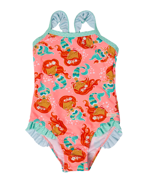 Girls Swimsuit - Under the Sea Mermaid - Bright Coral
