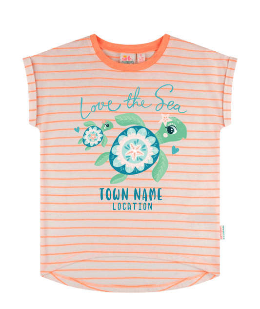 Girls Tee - Love the Sea Turtle - Orange/White Stripes