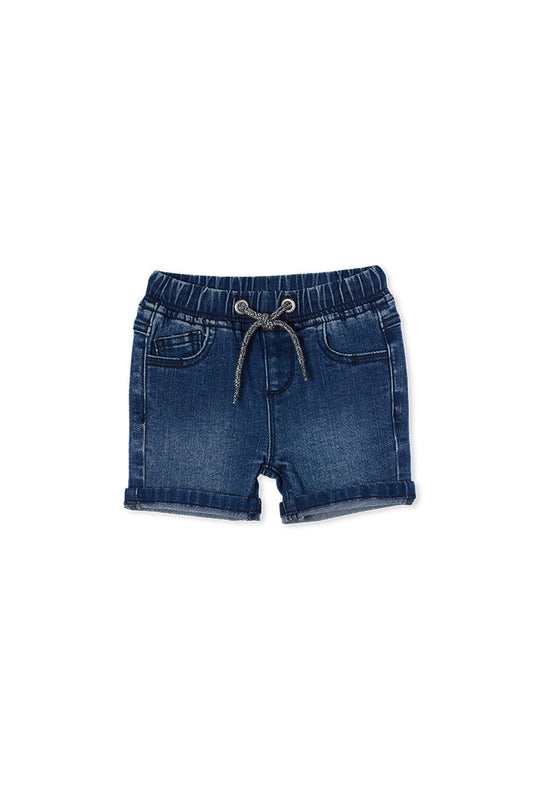 Knit Denim Shorts -Mid Wash Blue