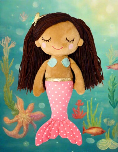 For the little mermaids we know and love! This plush toy features woolen hair strands, sewn on starfish hair clip, polka dot mermaid tail and clam shell bikini top. It makes the perfect gift from travel adventures. Comes with gift card attached.