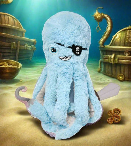 Fun pirate octopus plush with individual tentacles dangling at the bottom. Perfect as a gift or for little ones to cuddle. Comes with gift card attached.
